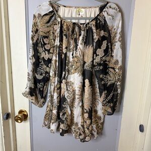 Fig and Flower Boho Floral Blouse - Black, browns, and cream with gold accents